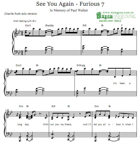 Charlie Puth - See You Again无RAP版钢琴谱