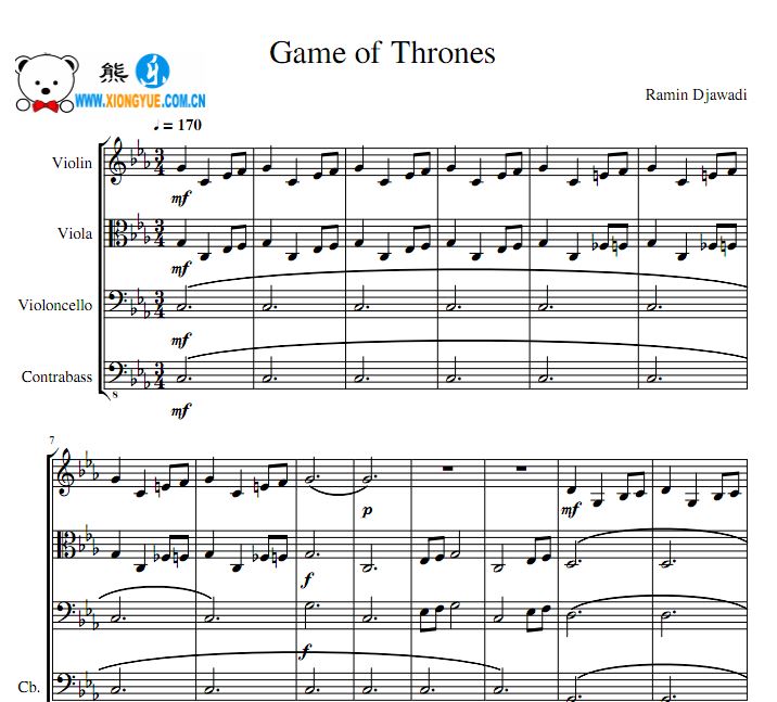 Game of Thrones 权力的游戏弦乐四重奏谱