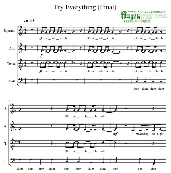 疯狂动物城主题曲TryEverything 阿卡贝拉合唱谱