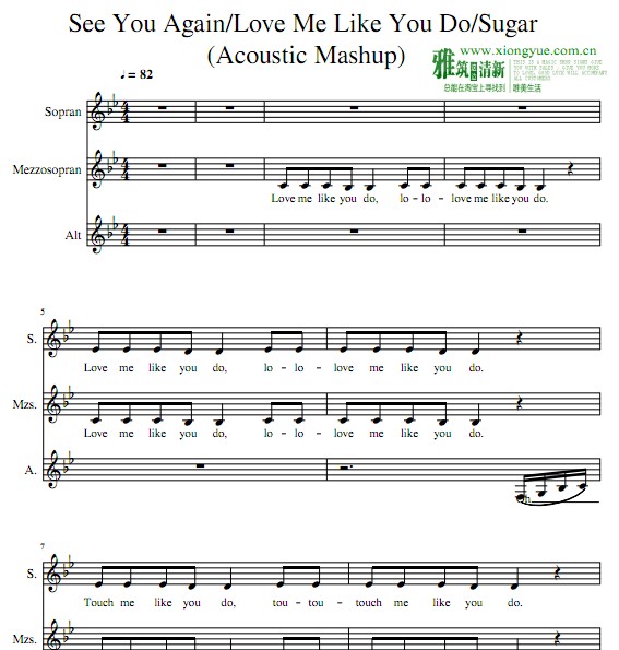 See You Again，Love Me Like You Do ，Sugar混声合唱谱