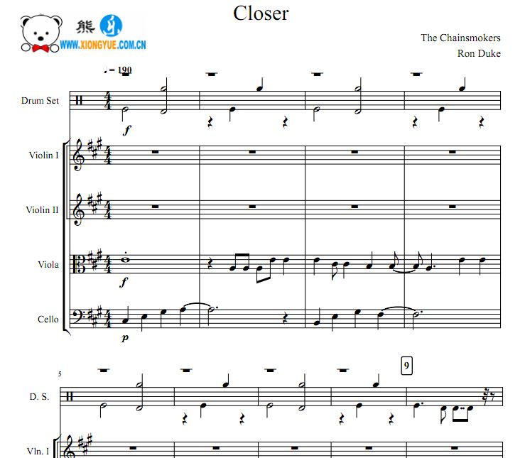 The Chainsmokers烟鬼版 Closer爵士鼓弦乐四重奏谱