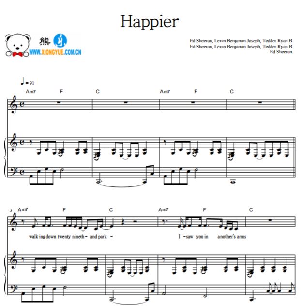 Ed Sheeran - Happier原版钢琴谱