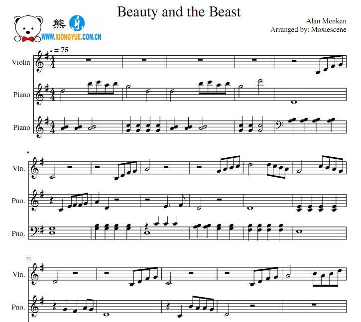 美女与野兽 Beauty and the Beast小提琴钢琴二重奏谱