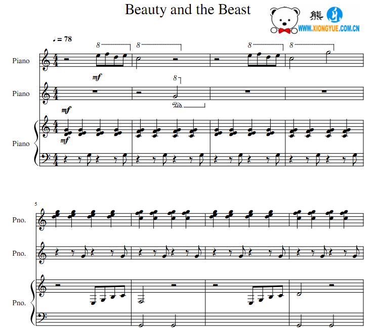美女与野兽 Beauty and he Beast钢琴二重奏谱