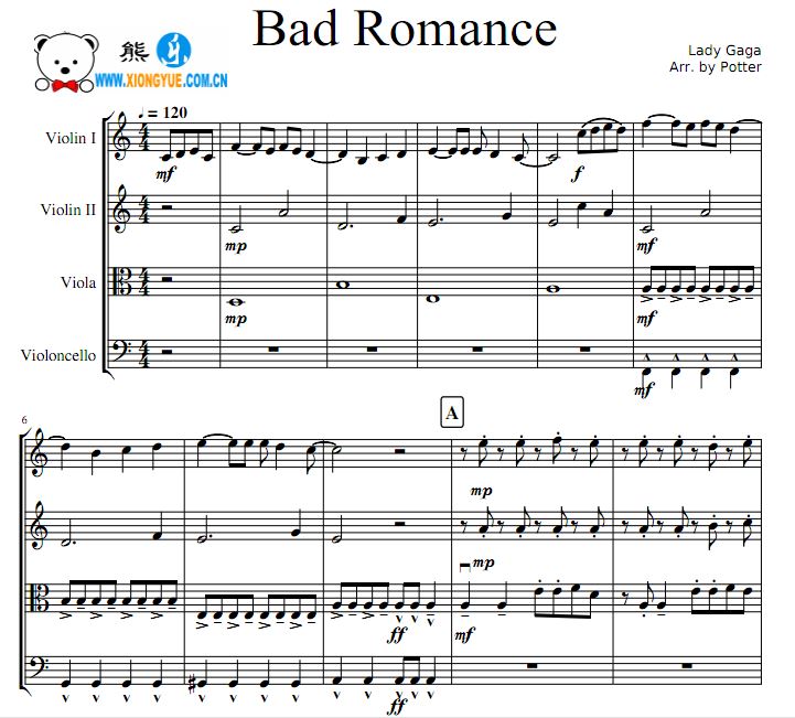 Lady Gaga - Bad Romance弦乐四重奏谱