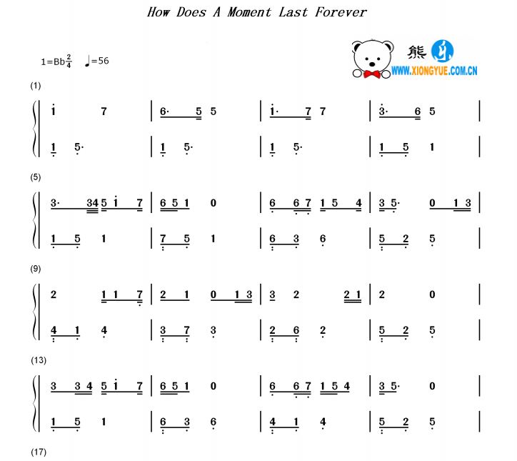 美女与野兽 How Does A Moment Last Forever钢琴简谱