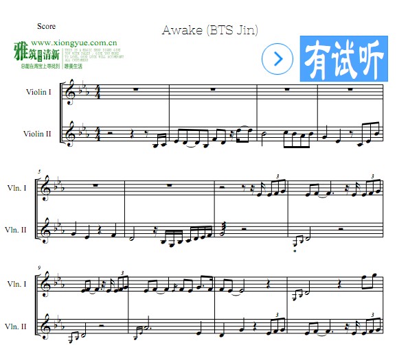 BTS Jin awake小提琴重奏谱
