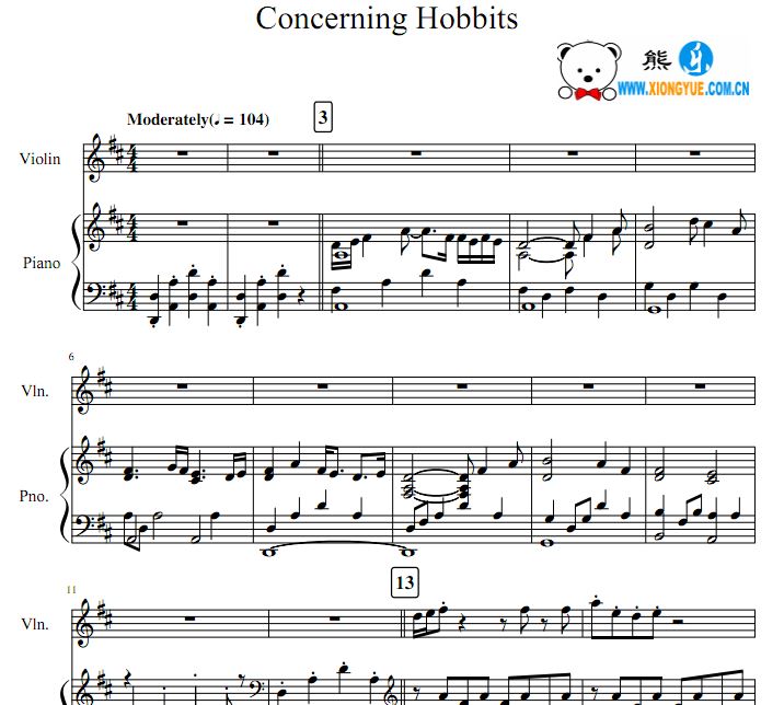 指环王 魔戒1 Concerning Hobbits小提琴钢琴合奏谱