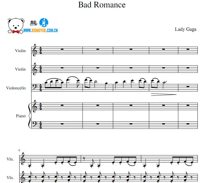 Lady Gaga - Bad Romance钢琴大提琴双小提琴合奏谱