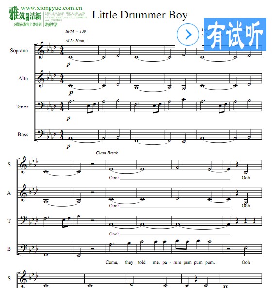 Little Drummer Boy四声部混声合唱 SATB