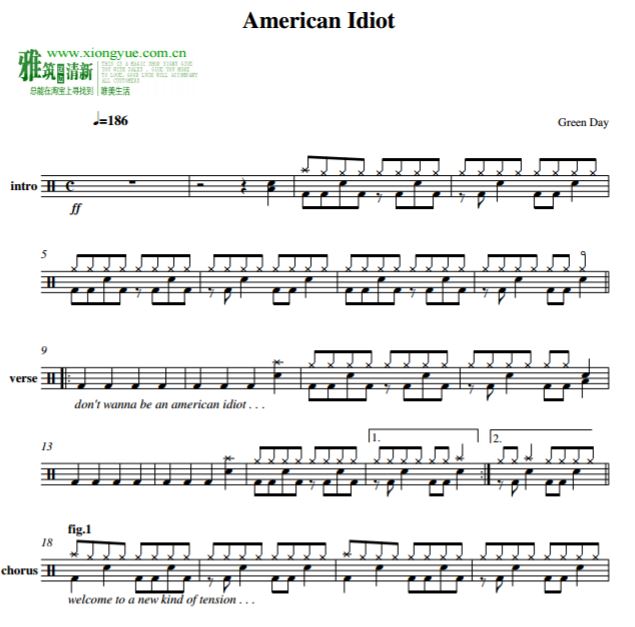 绿日乐队 greenday - american idiot鼓谱