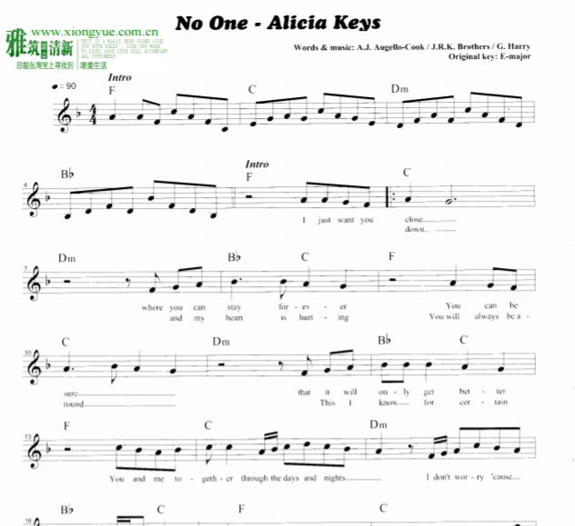 Alicia Keys - No one五线谱