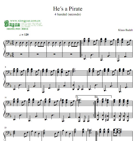 He's a Pirate 四手联弹谱