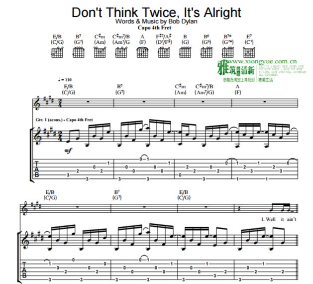 Bob Dylan - Don't Think Twice, It's All Right吉他谱