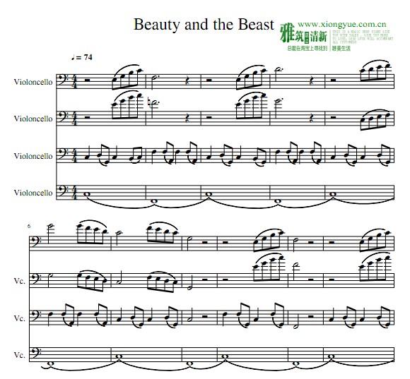 美女与野兽 Beauty and the Beast大提琴四重奏谱