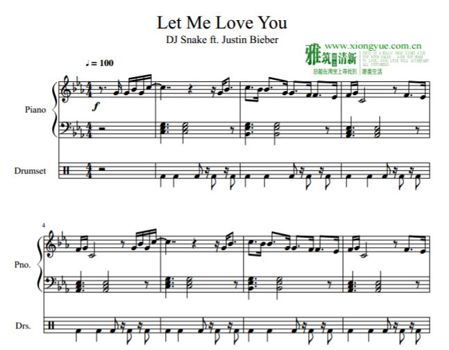 DJ Snake ft.Justin Bieber - Let Me Love You钢琴爵士鼓合奏谱