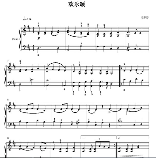 贝多芬 欢乐颂钢琴谱(完整版带指法)