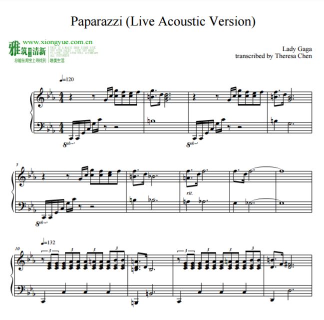 Lady Gaga - Paparazzi钢琴谱 (Live Acoustic Version)