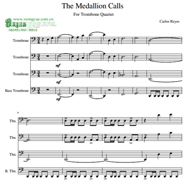加勒比海盗The Medallion calls长号四重奏谱
