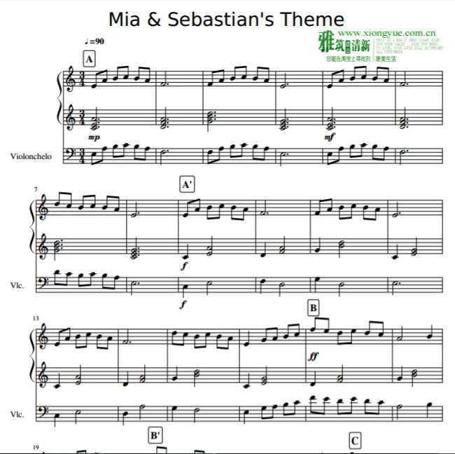 爱乐之城 mia sebastians theme大提琴钢琴合奏谱