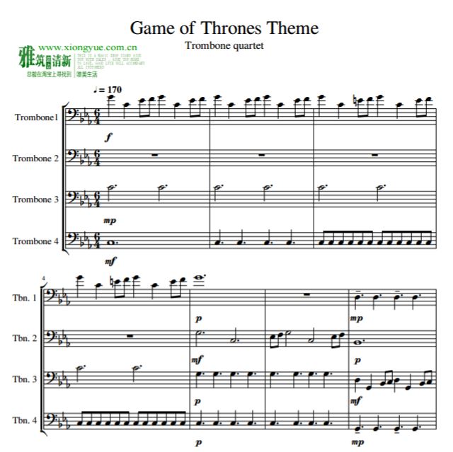 Game of Thrones Theme长号四重奏谱