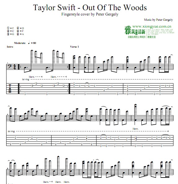 Peter Gergely版 Out Of The Woods指弹吉他谱
