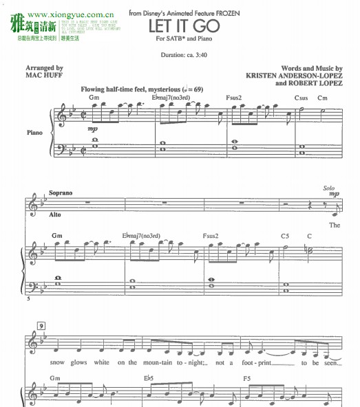 冰雪奇缘 Let it go SATB四声部合唱谱