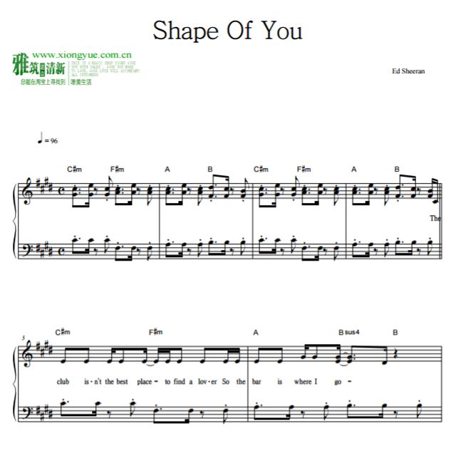 Ed Sheeran - Shape Of You钢琴独奏原调谱