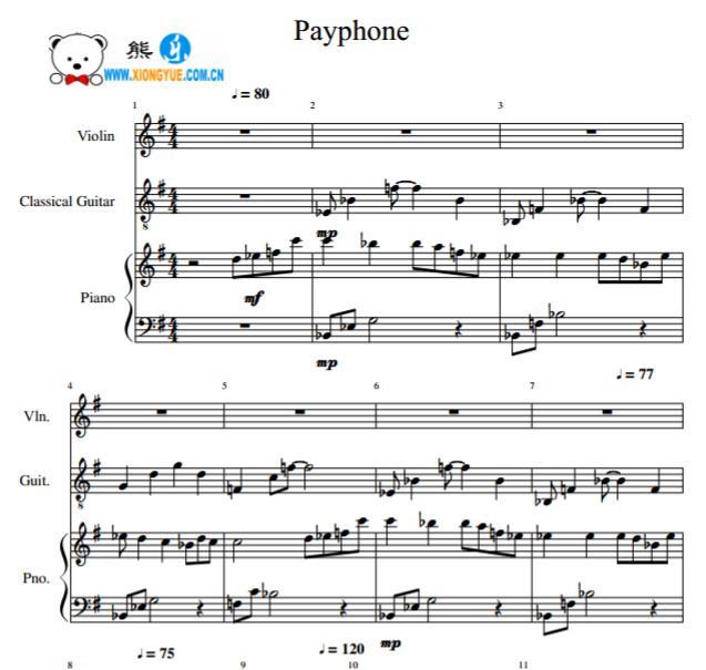 Maroon 5 - Payphone小提琴吉他钢琴合奏谱