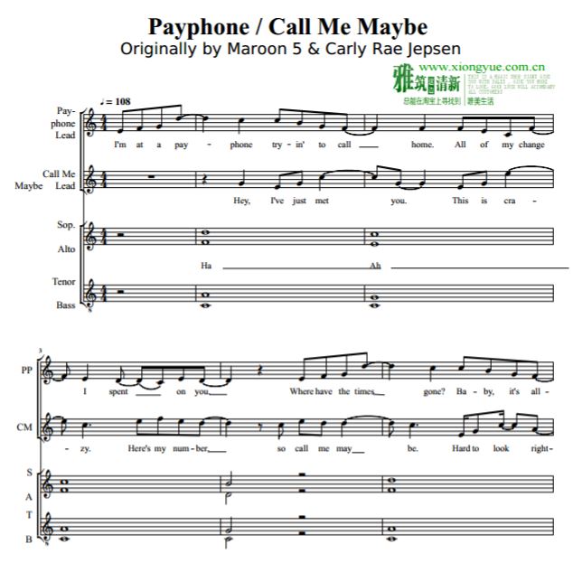 call me maybe简谱,call me maybe payphone_call me maybe混声合唱谱 satb