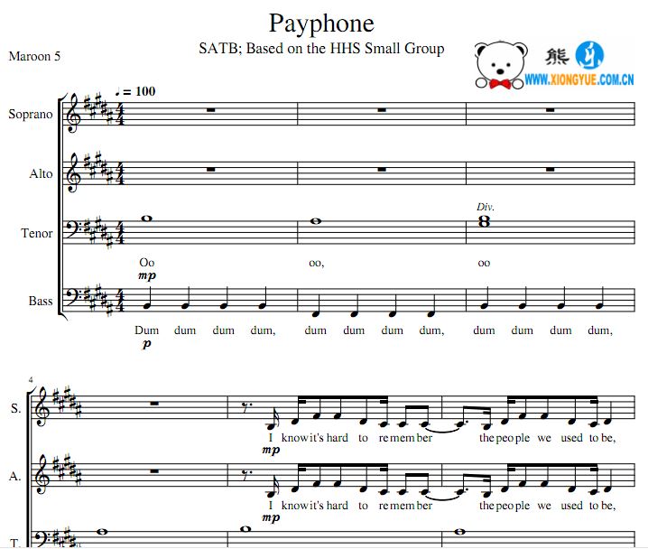 Maroon 5 - Payphone SATB四声部混声合唱谱