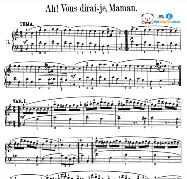 莫扎特 小星星变奏曲原版带指法钢琴谱 K.265