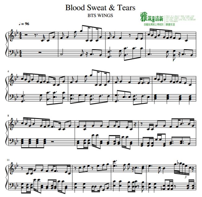 BTS Blood Sweat&Tears血汗泪钢琴谱