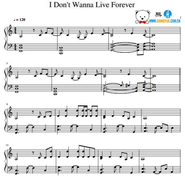五十度黑 I Don't Wanna Live Forever钢琴谱
