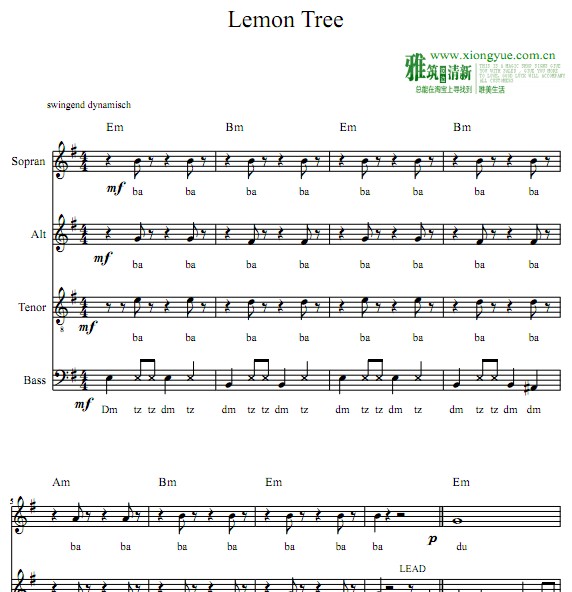 Lemon Tree四声部混声合唱谱