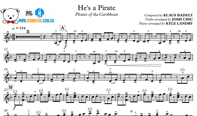 KYLE LANDRY版 加勒比海盗He's a Pirate原版小提琴谱