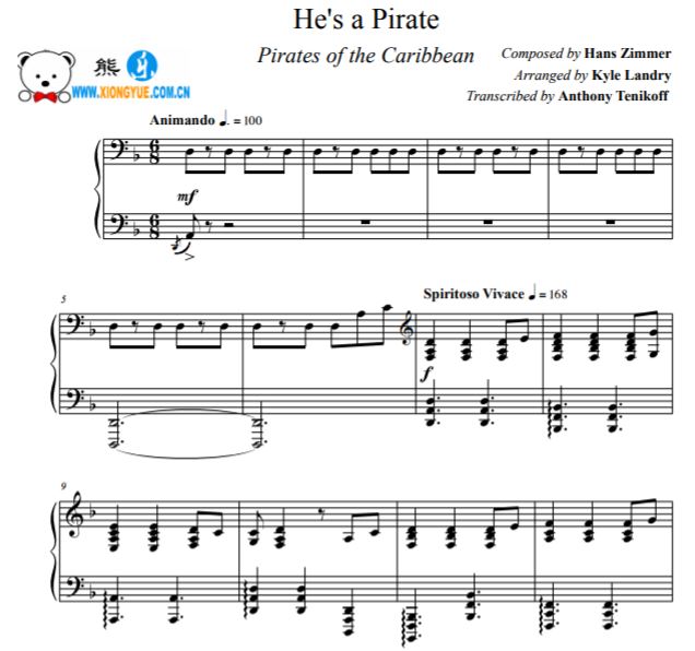 凯尔·兰德尔 加勒比海盗he is a Pirate (KL)原版钢琴谱