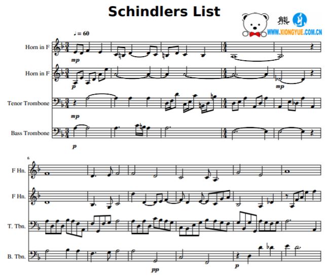 辛德勒的名单Schindlers List管乐四重奏谱 双圆号双长号