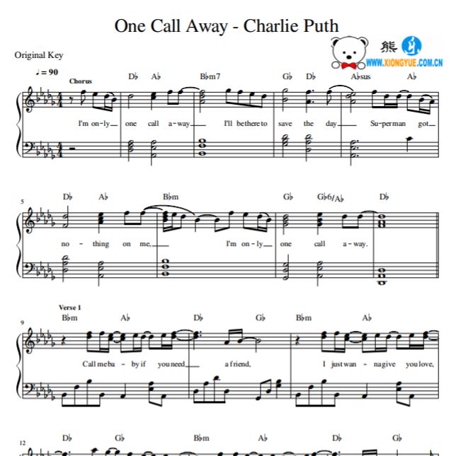 查理·普斯 Charlie Puth - One Call Away钢琴谱