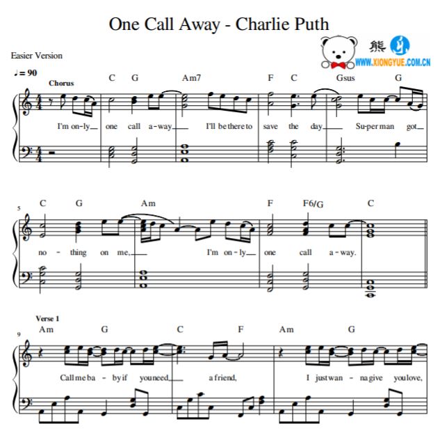 Charlie Puth - One Call Away简单版钢琴谱