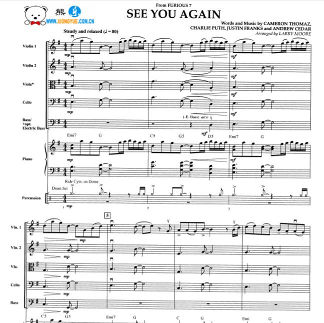See you again弦乐钢琴贝司鼓合奏谱