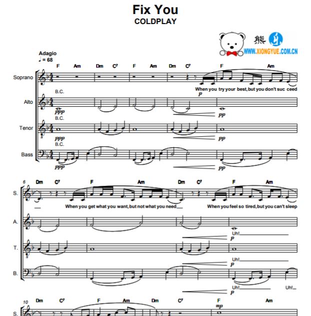 coldplay酷玩乐队 Fix You SATB降A大调合唱谱
