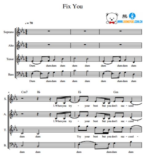 酷玩乐队阿卡贝拉合唱谱 COLDPLAY - Fix You SATB总谱
