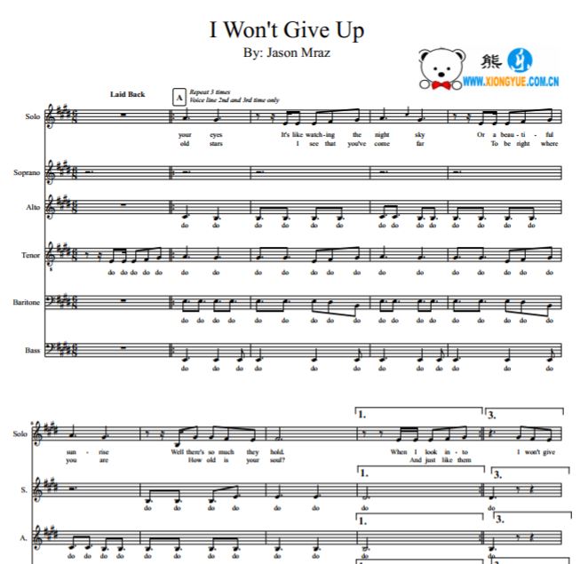 Jason Mraz - I Won't Give Up 阿卡贝拉合唱谱SSATBB谱