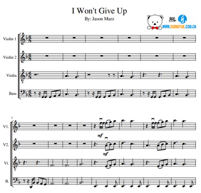 Jason Mraz - I Won't Give Up小提琴中提琴贝司合奏谱