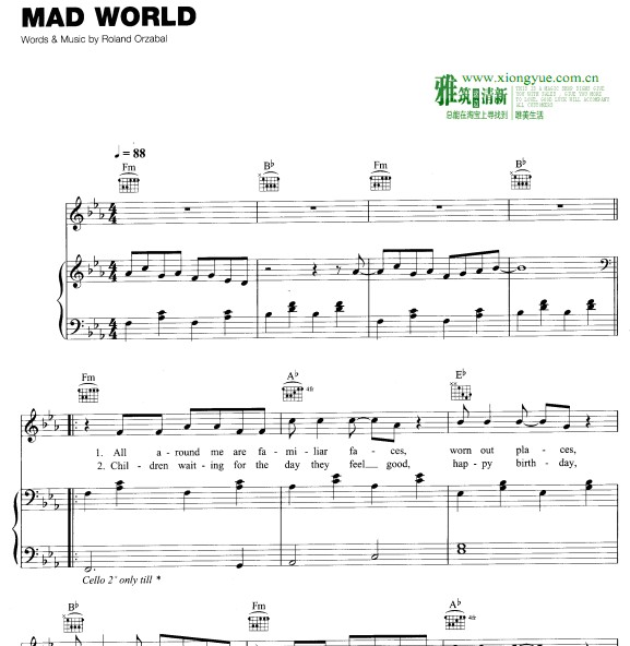 Gary Jules - Mad World钢琴伴奏谱