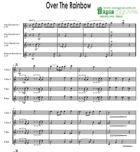 Over The Rainbow萨克斯四重奏谱