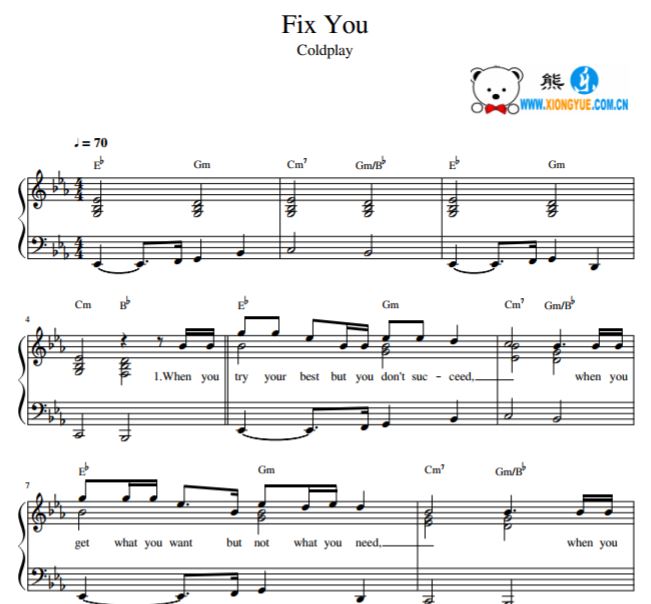 COLDPLAY 酷玩乐队 Fix You钢琴谱