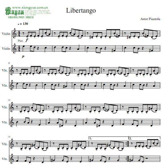 皮亚佐拉自由探戈Libertango小提琴二重奏谱