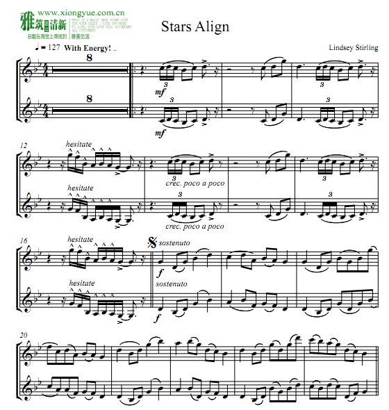 林赛 - Stars Align小提琴重奏谱